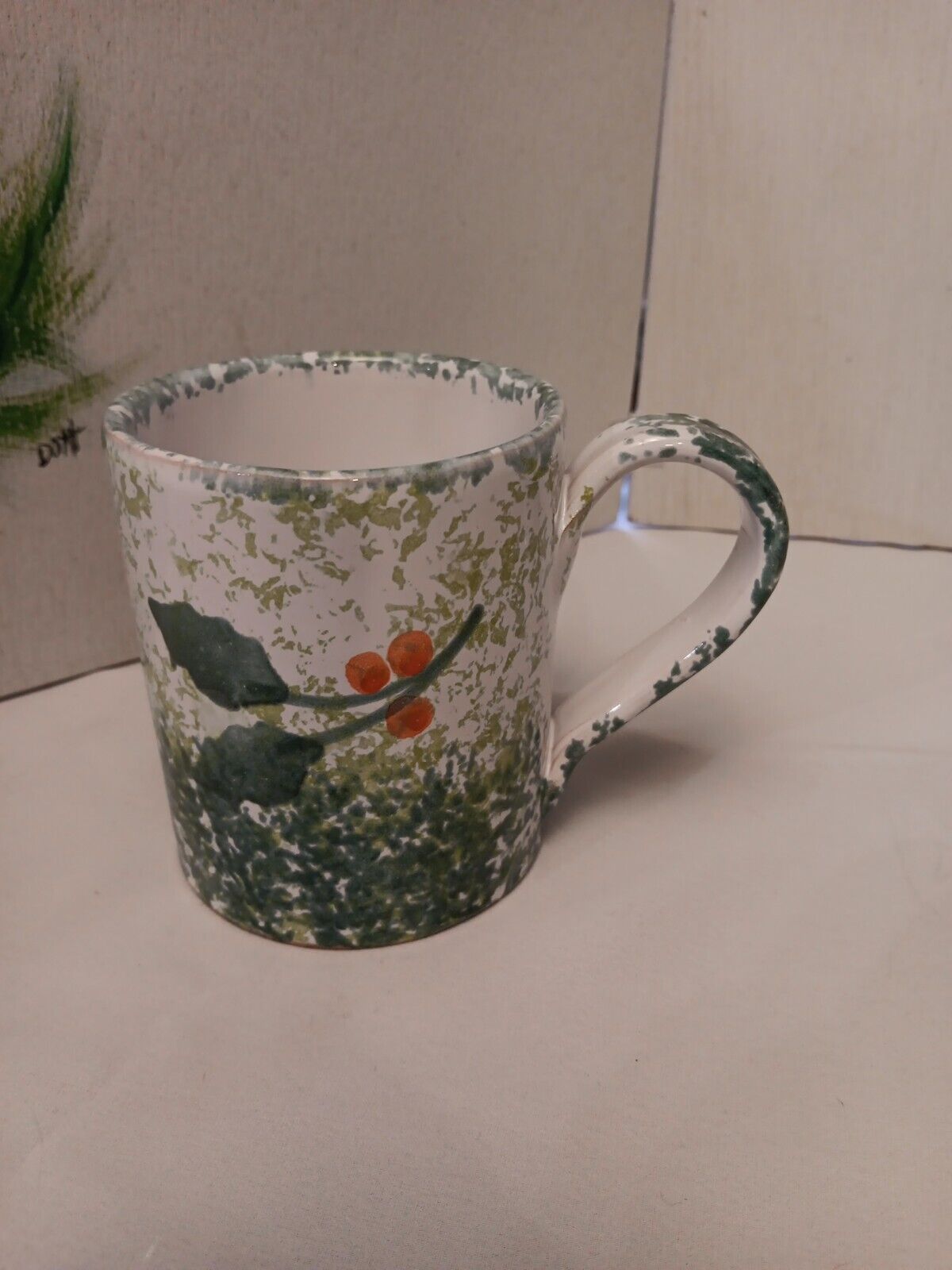 Pier 1 Imports 1 Vintage Stoneware Christmas Mug Holly Hand Painted Italy