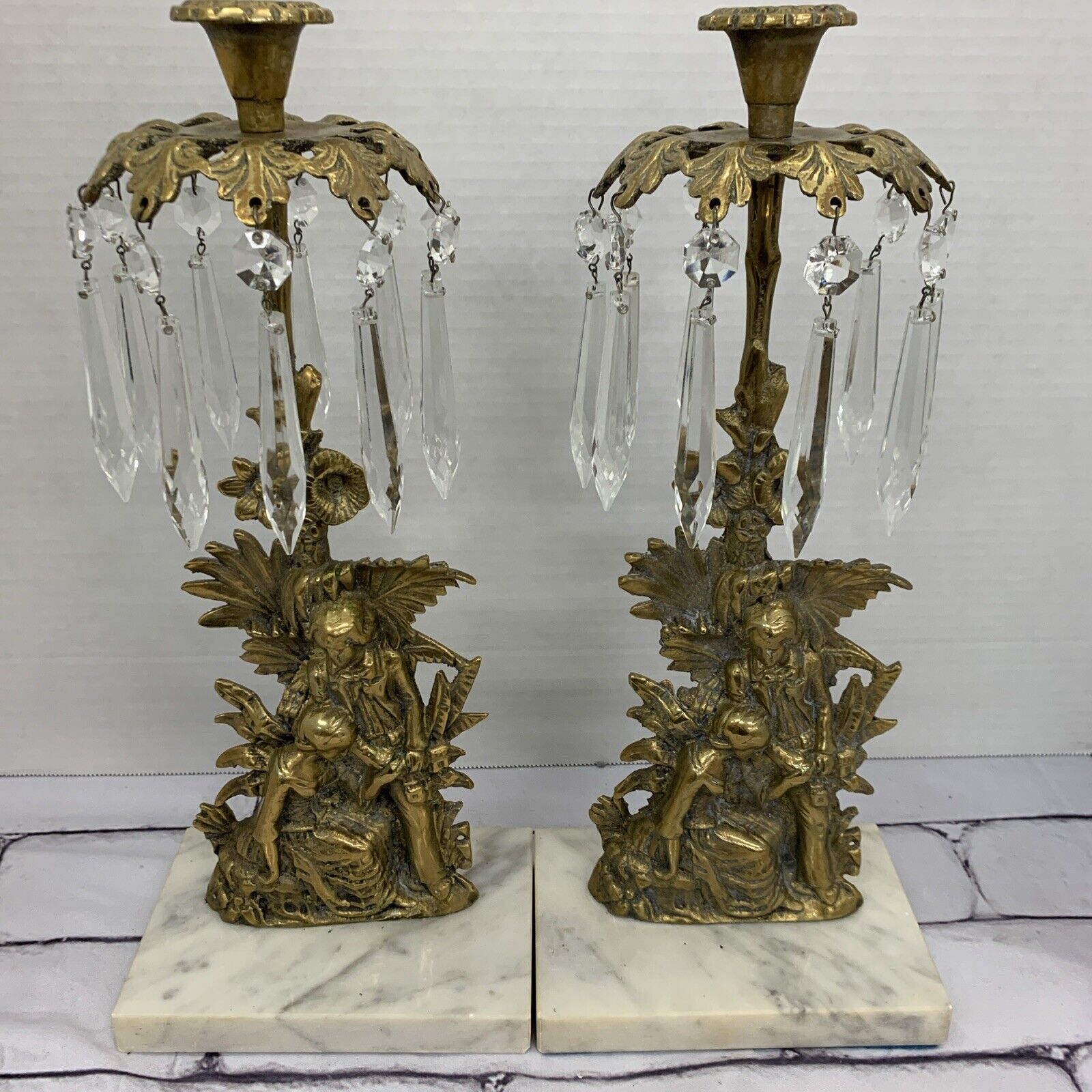 Antique Brass Tabletop Candle Holders With Glass Prisom