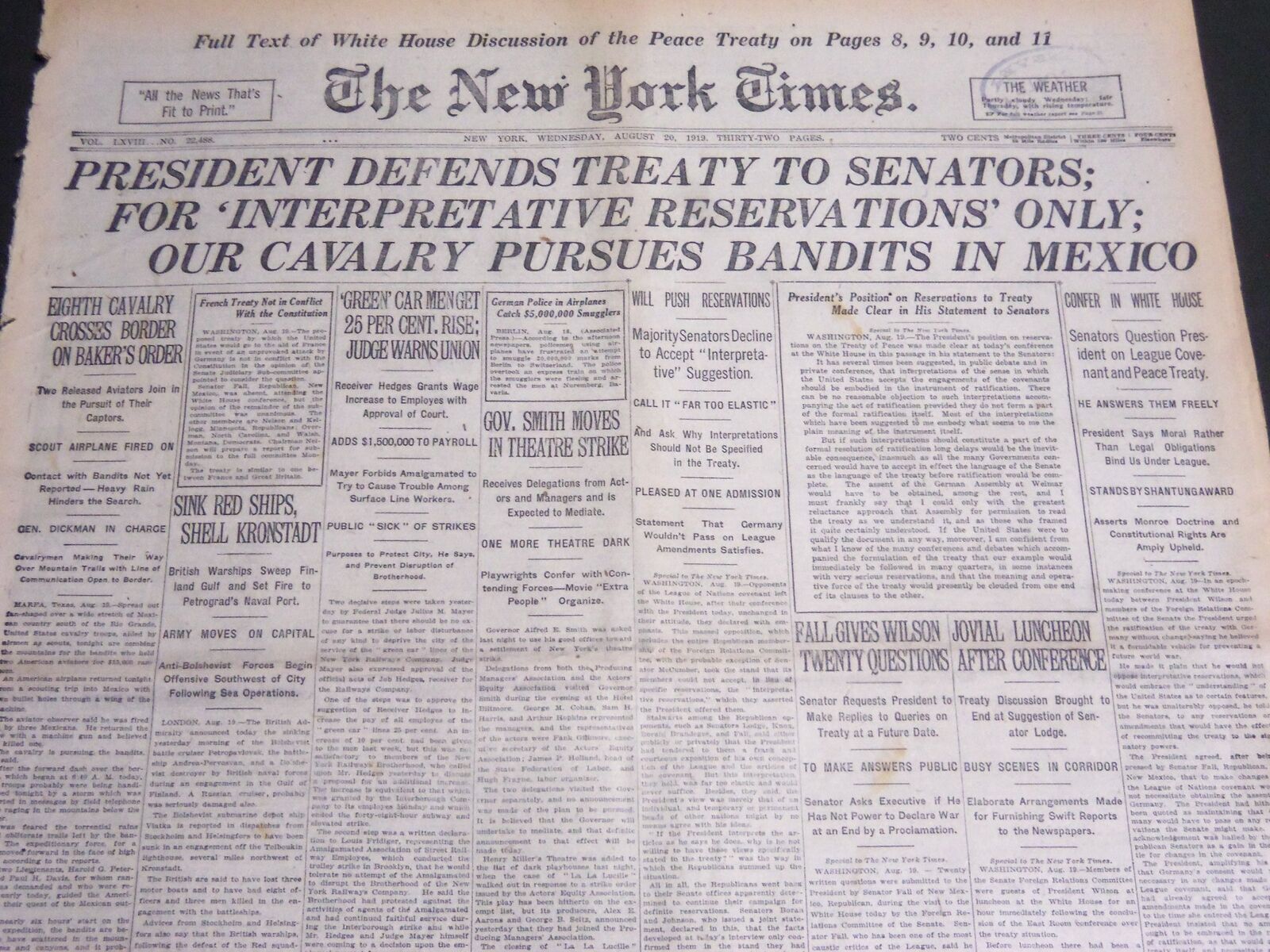 1919 AUGUST 20 NEW YORK TIMES - PRESIDENT DEFENDS TREATY TO SENATORS - NT 6962