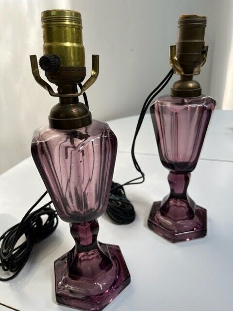 Rare pair Sandwich glass amethyst oil lamps old electrification. c1860-