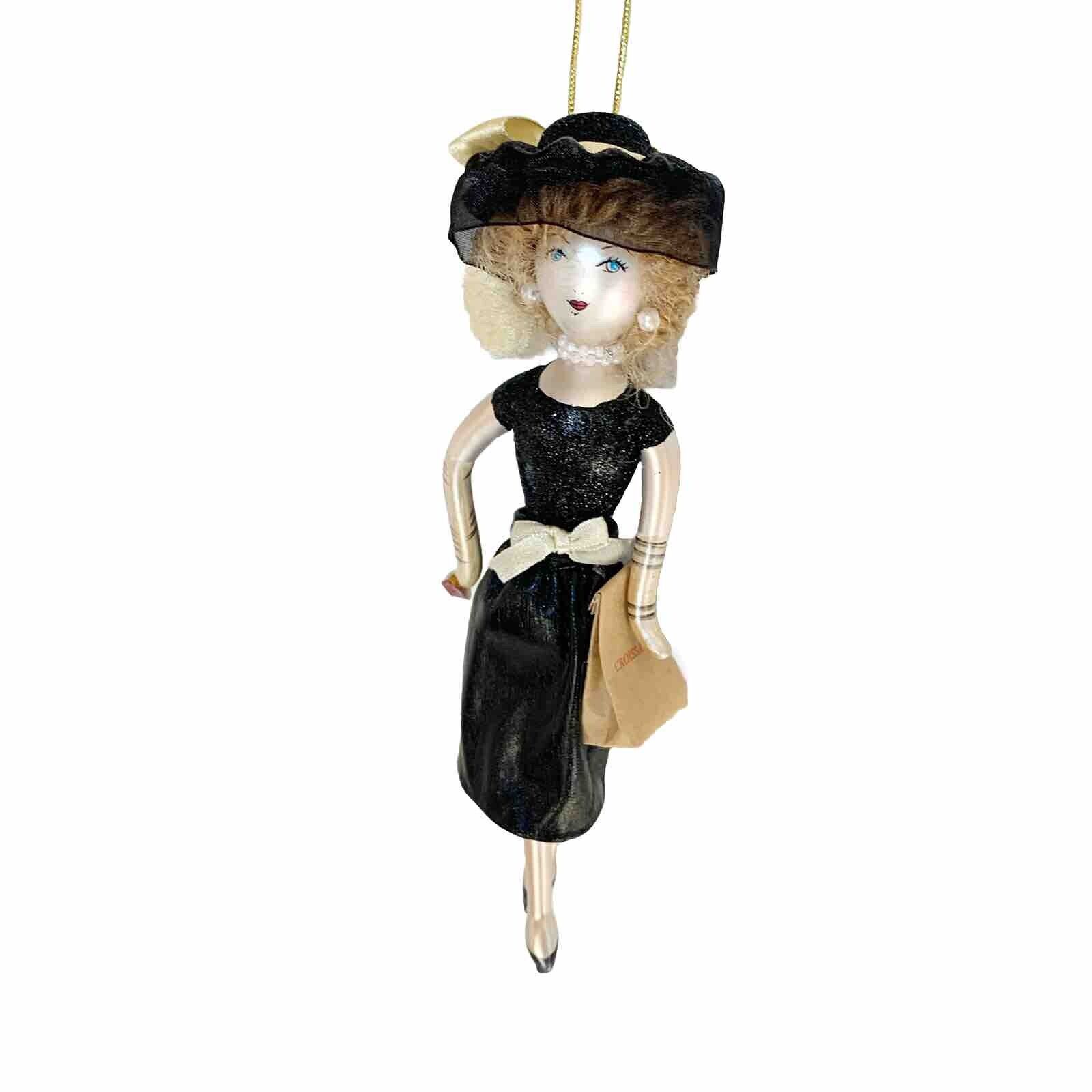 Vintage Italian Glass de Carlini Lady Shopper Ornament Croissants Black Dress