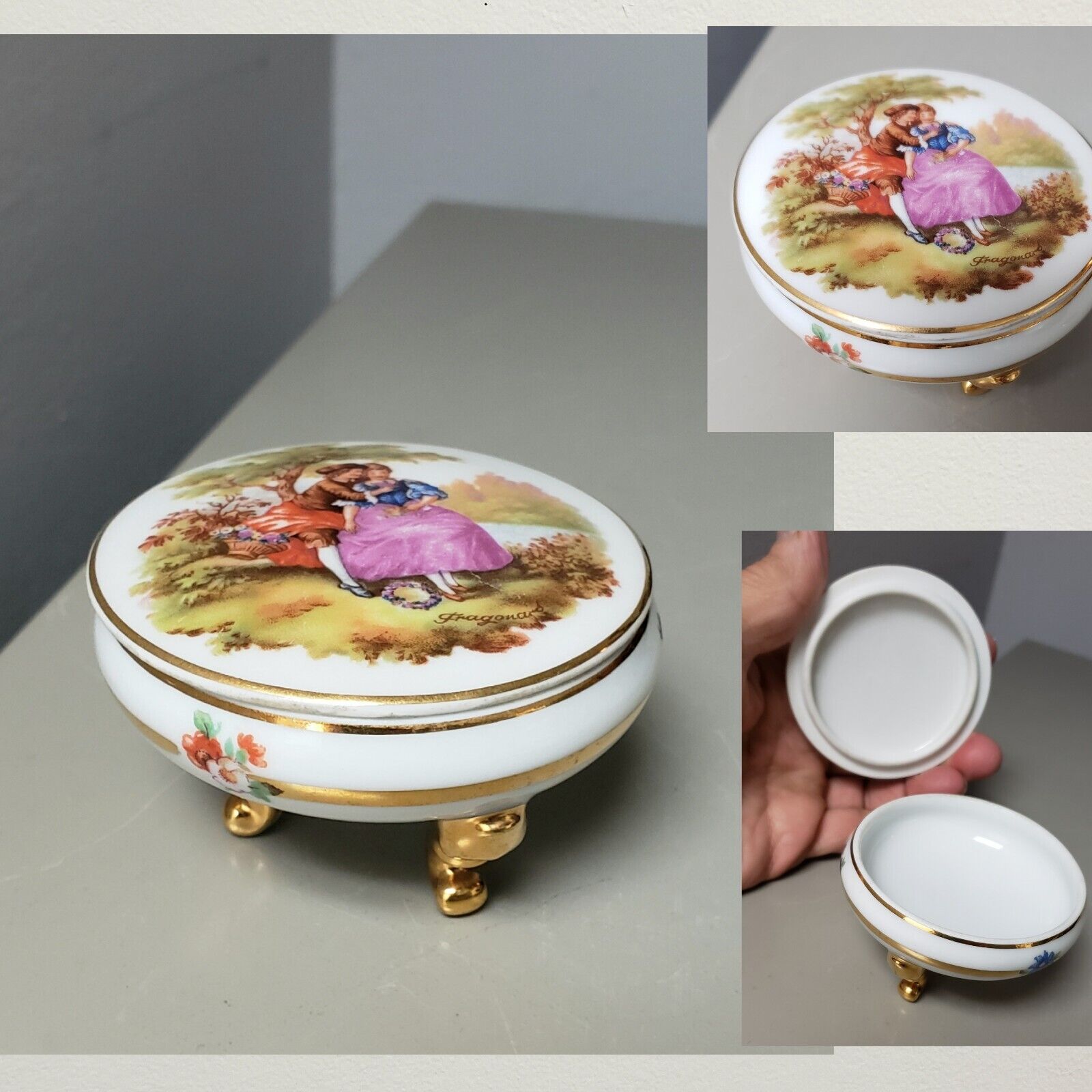 *Limoges France Porcelain Round  footd Trinket Box Hand Painted signed Gold Trim