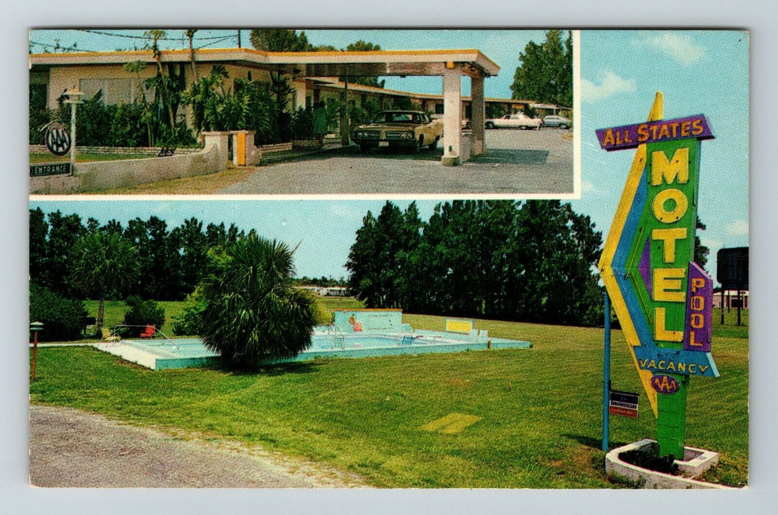 Clearwater FL-Florida, All States Motel, Scenic Sign View, Vintage Postcard
