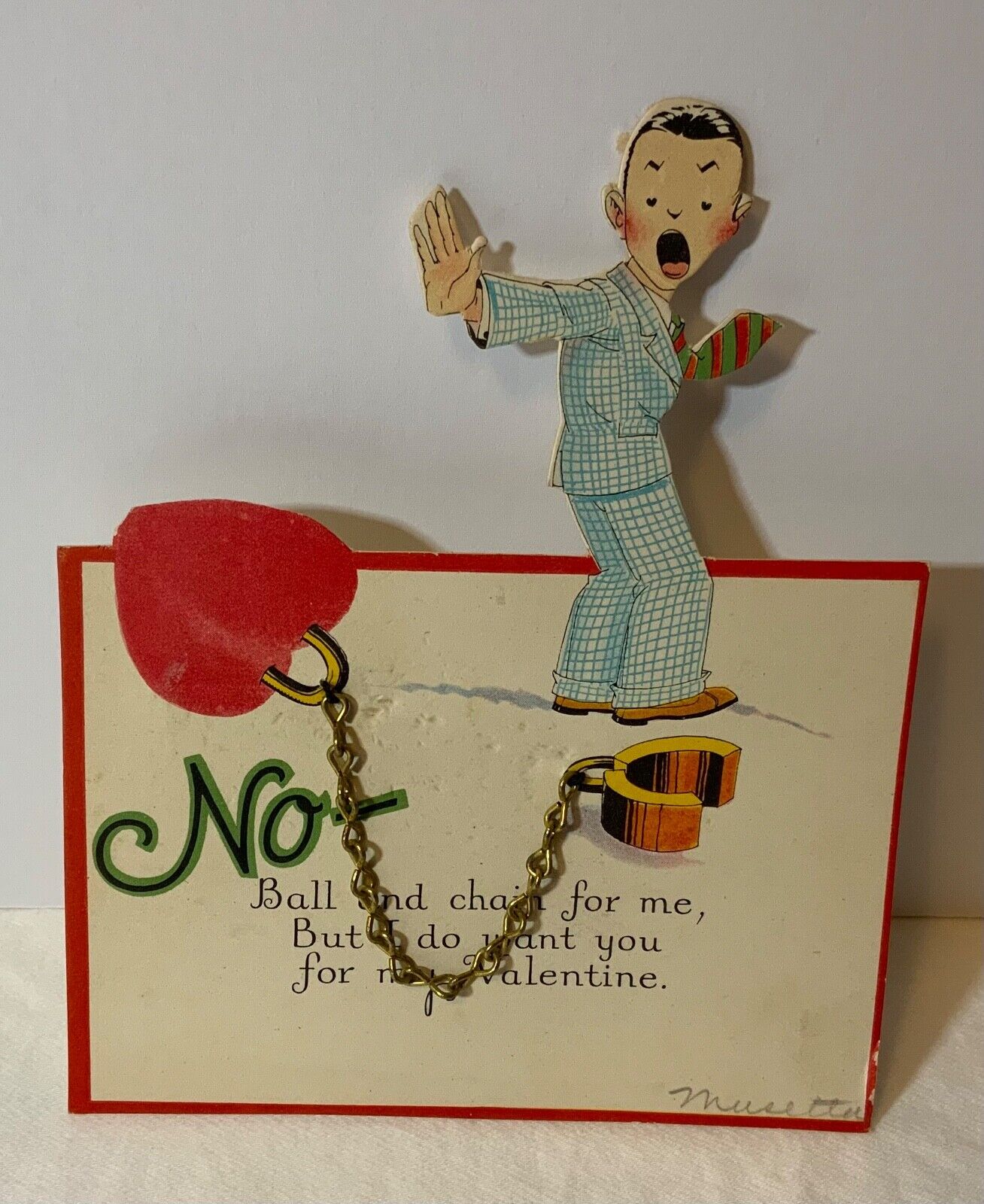 VTG 1928 DieCut Valentine Card Real Metal Chain Boy Man “NO Ball & Chain For Me”