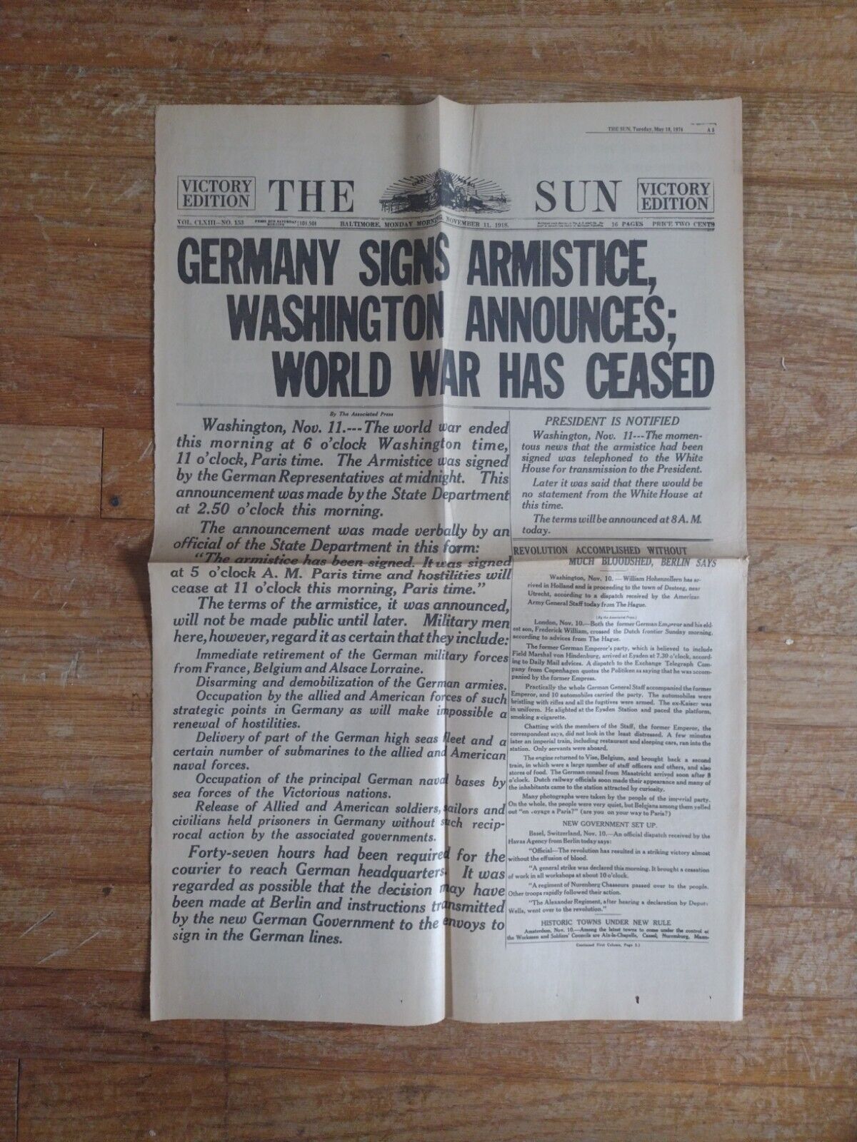 NOVEMBER 11 1918 Baltimore Sun Newspaper WORLD WAR  1 IS OVER  VETERANS DAY read