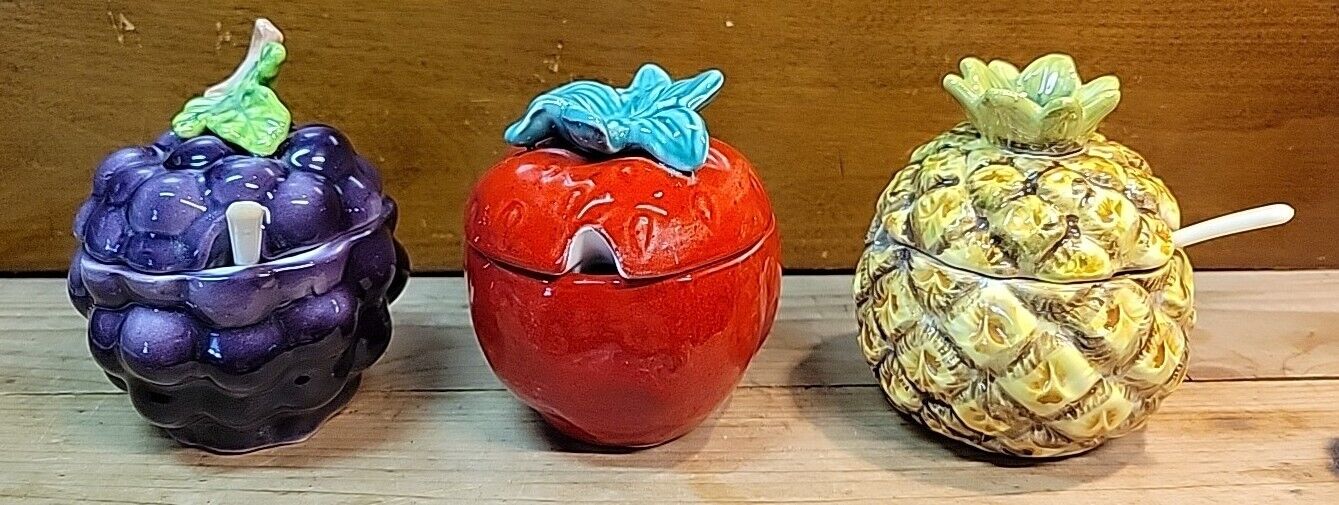 Vtg 1950’s/60’s Japan Fruit Jam Condiment Jars Pots Strawberry Grape Pineapple