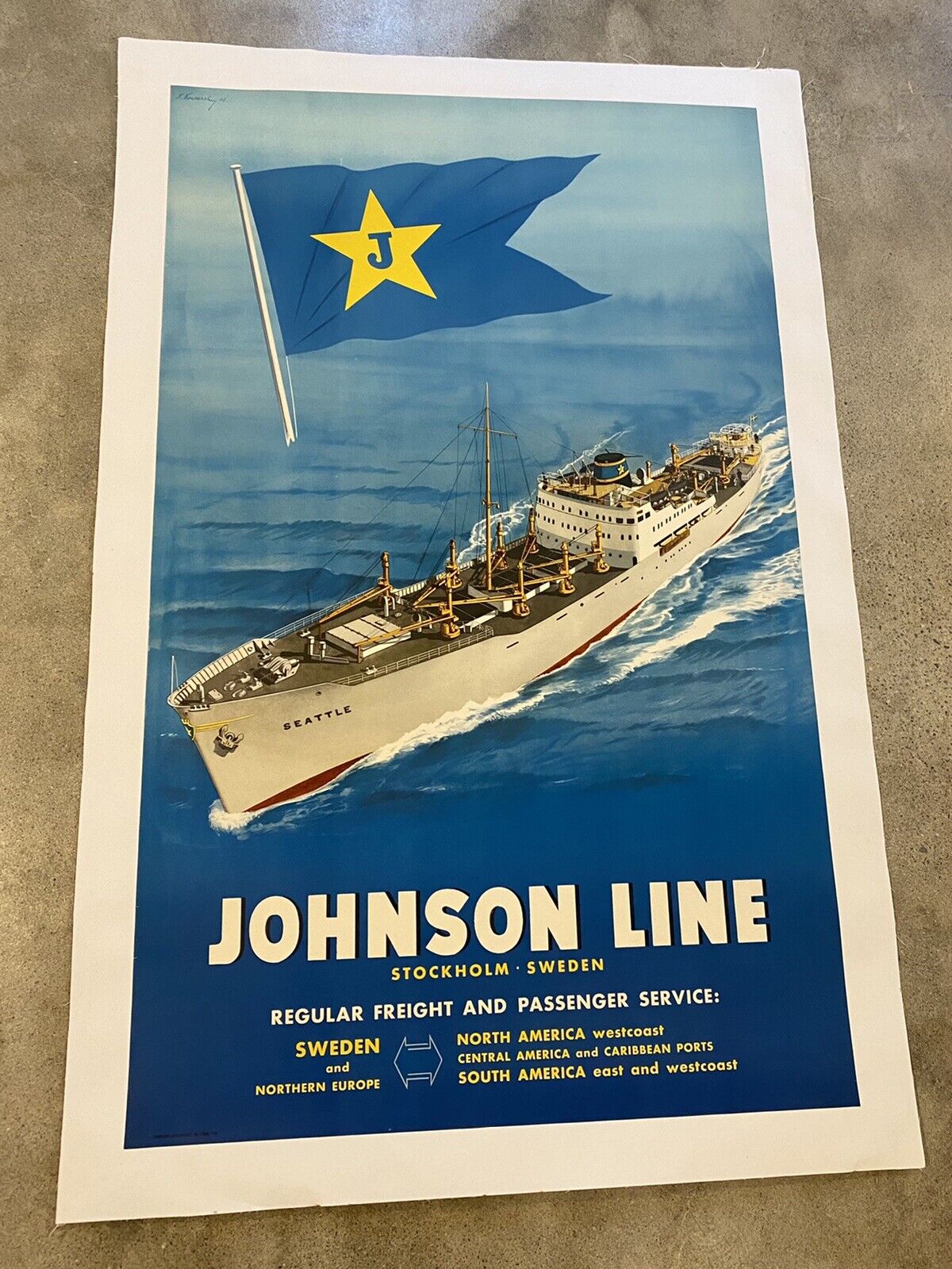 1948 JOHNSON LINE FREIGHT LINER CRUISE SHIP 1SH LINEN SIGNED PRINT SWEDEN USA