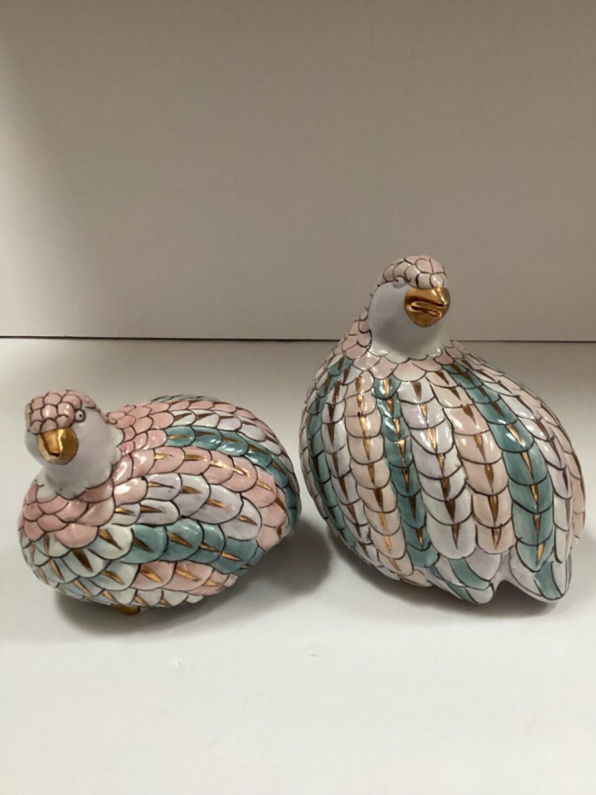 Vintage  1960’s TOYO  Ceramic  Pastel Pair of Quail Figurines With 14k Accents