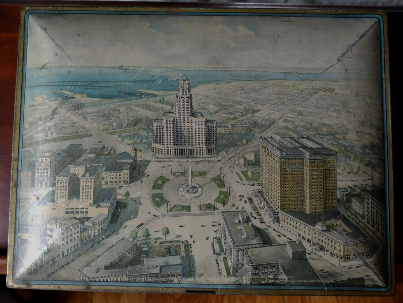 1930s Buffalo NY Niagara Square & New City Hall Illustrated Hall Baking Co Tin