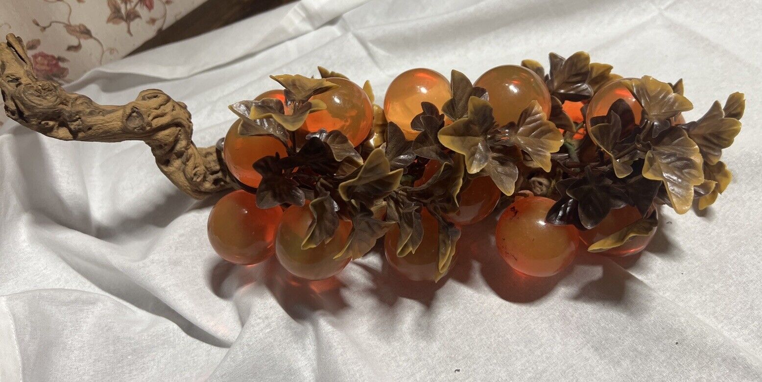Vtg Large 60s Mid Century  Lucite Acrylic Amber Grape Cluster on DriftWood Stem