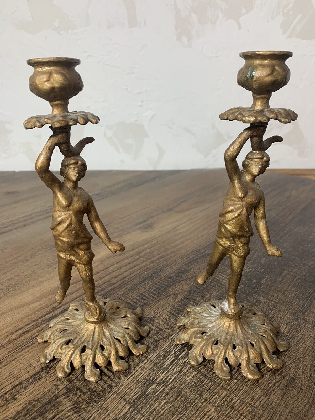 Pair of Antique Bronzed Cast Iron Art Nouveau Candlesticks Standing Candleholder