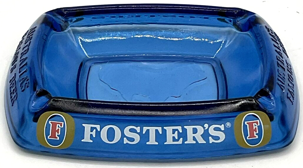 Vintage Blue Glass Foster’s Ashtray Australia’s Famous Beer Embossed 