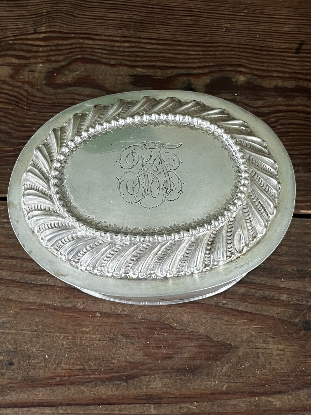 Vintage Ornate Silver Plate Double Monogrammed Oval Trinket Jewelry Box 5\