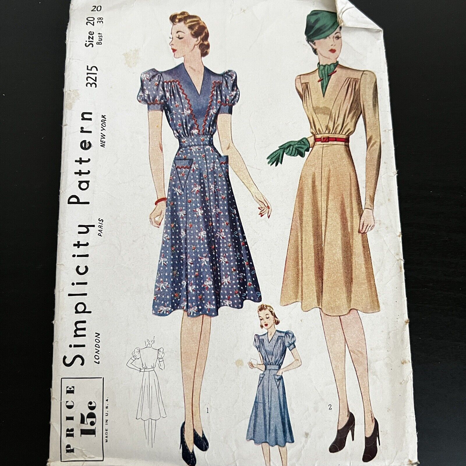 Vintage 1930s Simplicity 3215 Puff Sleeve  Yoked Dress Sewing Pattern 20 USED