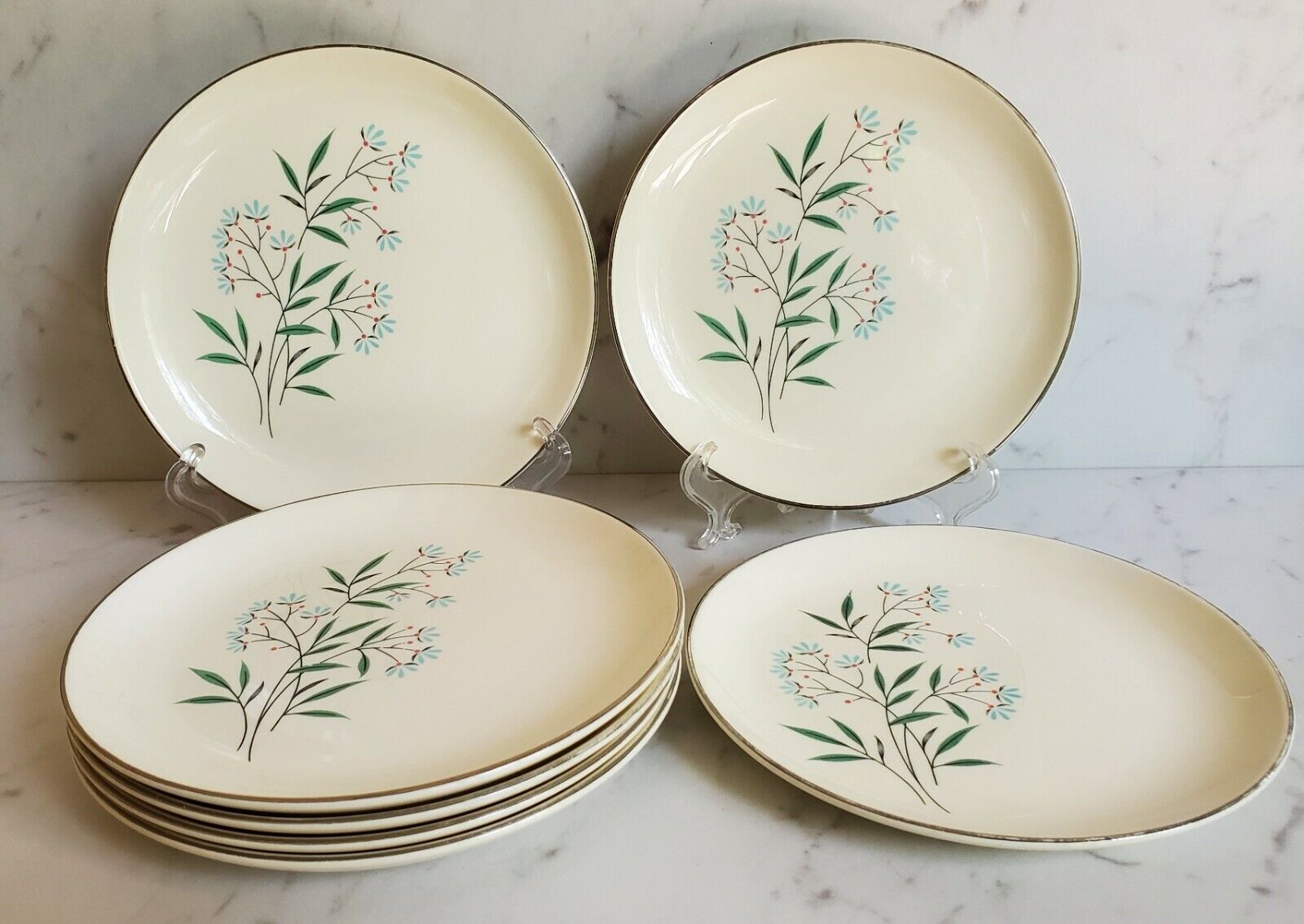 Vintage MCM Dessert Plates Featuring Green Leaves and Pale Blue Flowers