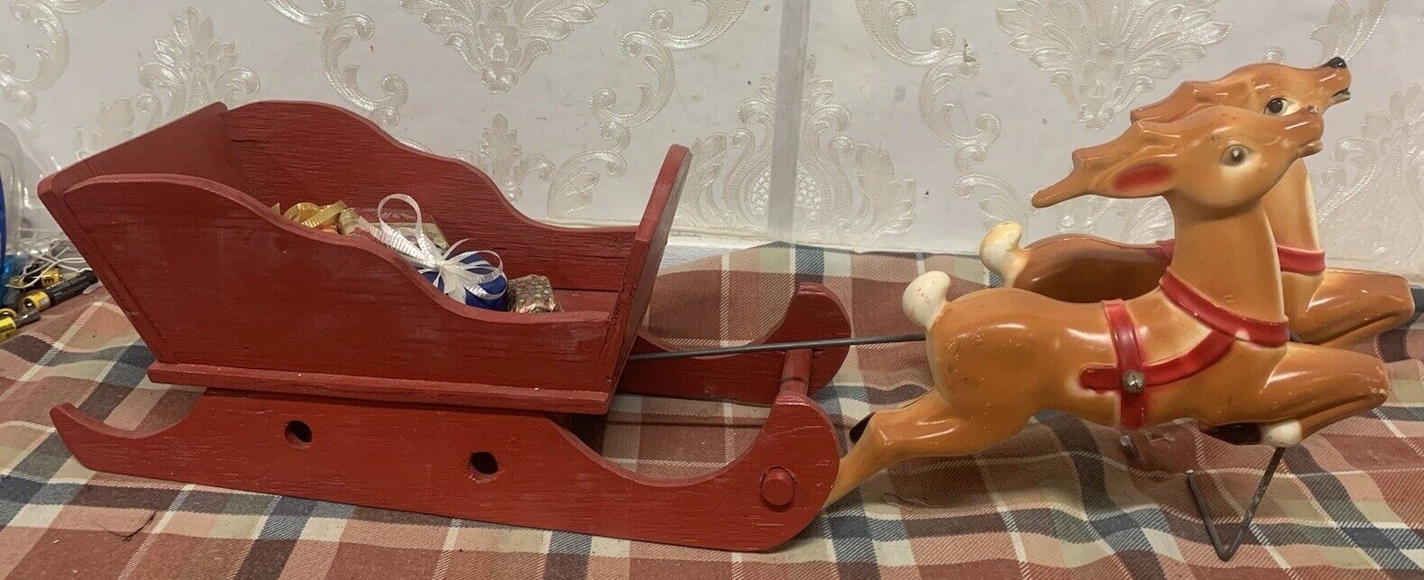 Vintage 1970 EMPIRE Santa's Sleigh and 2 Reindeer Blow Mold Table Top