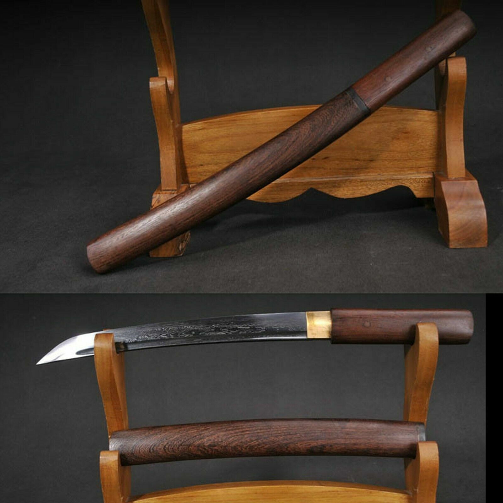Japanese Damascus Folded Steel Samurai Sword Rosewood Shirasaya Tanto