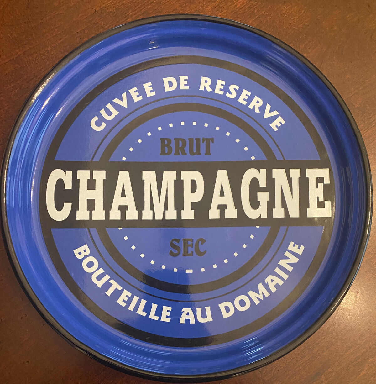 Brut Champagne SERVING TRAY ~ Vintage Blue Porcelain Enamel Cuvee De Reserve