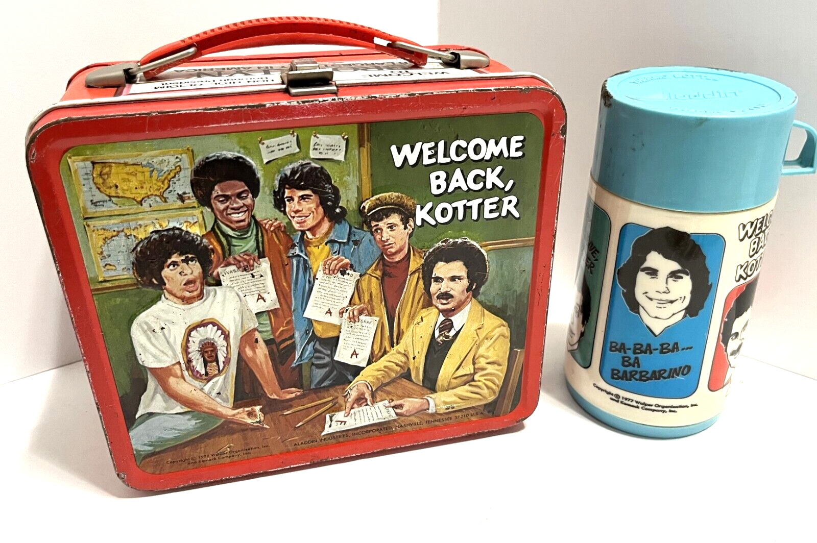WELCOME BACK KOTTER 1977 Vintage Metal Lunchbox Plastic blue Thermos Aladdin