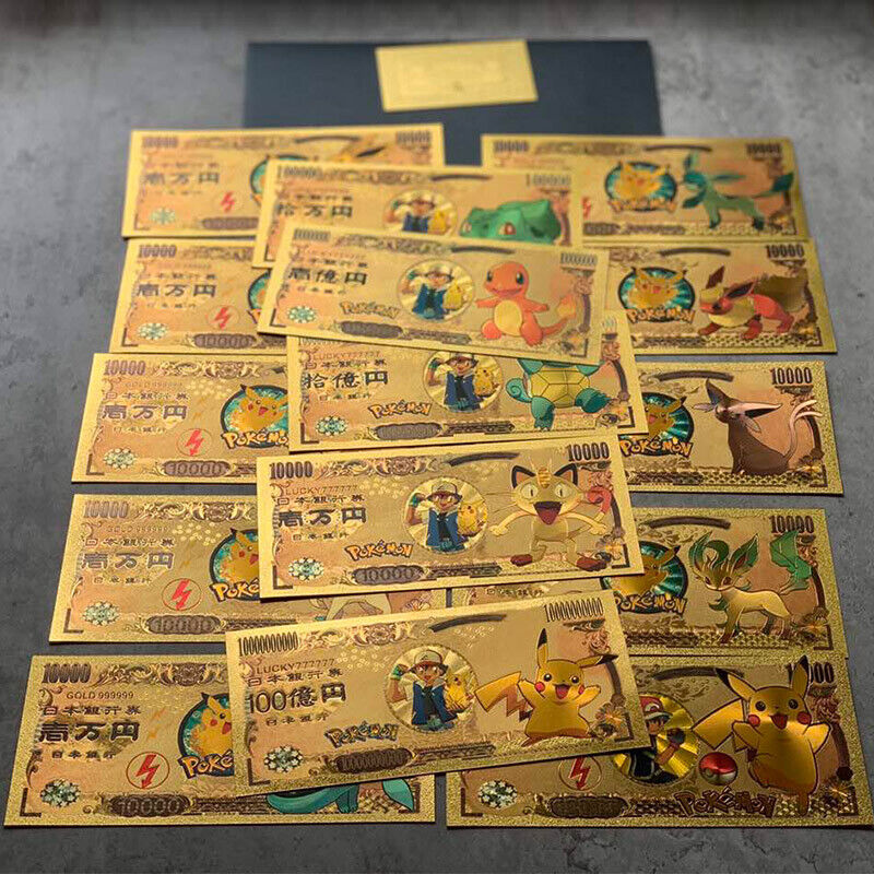 15Pcs Pokemon Gold Cards Set Japan Pikachu Gold PVC Banknote Souvenir Gifts