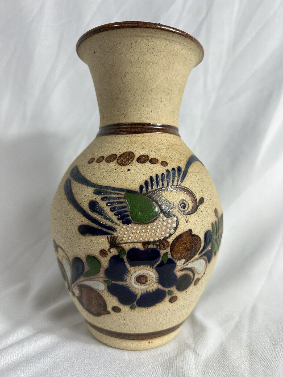 Tonala Mexican Folk Art Sandstone Pottery Vase - Hand painted 9” H