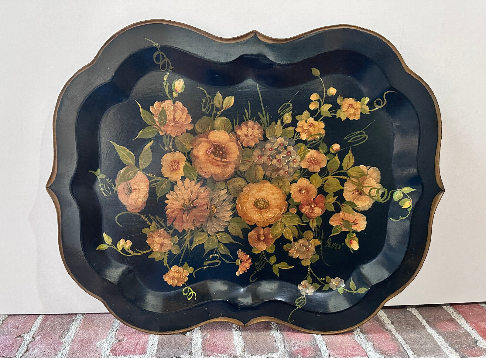 Large Antique Hand Painted Floral Bouquet Tole Toleware Tray Scalloped Edge 24\