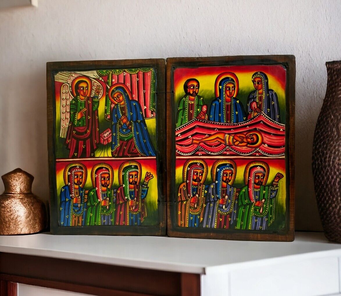 Ethiopian Orthodox Wooden Icon Hand Painting African Art Christian Ethnic 