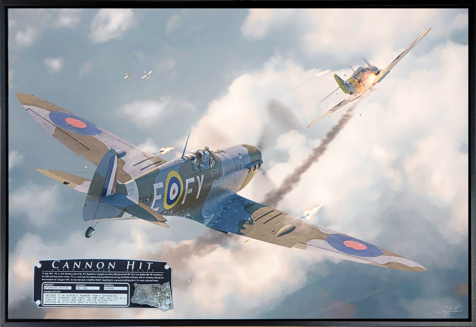 Cannon Hit Spitfire - Framed Canvas Art with Spitfire Relic - 30