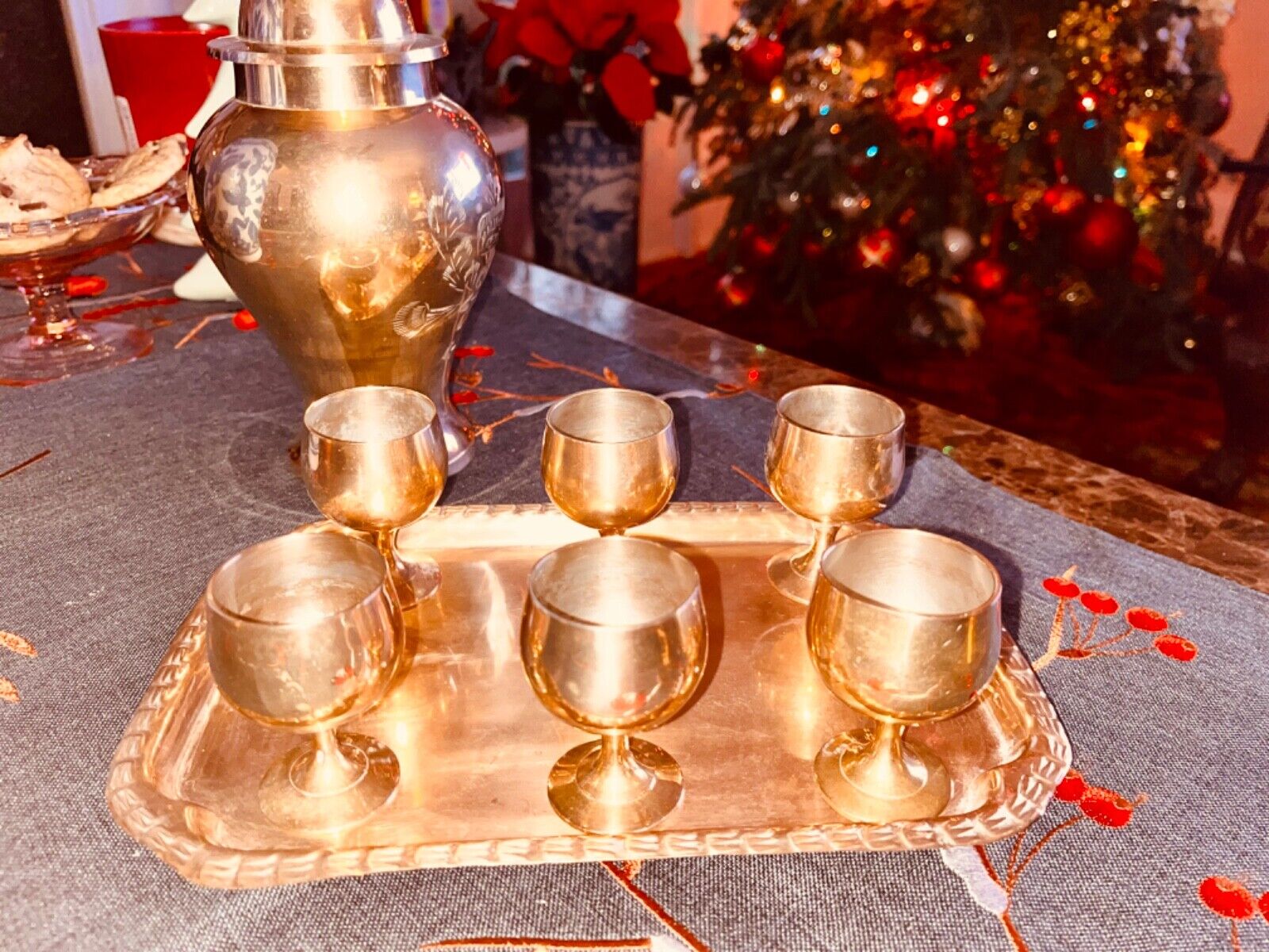 Vintage Solid Brass Small Cordial/Shot Glasses with Tray India Set -6