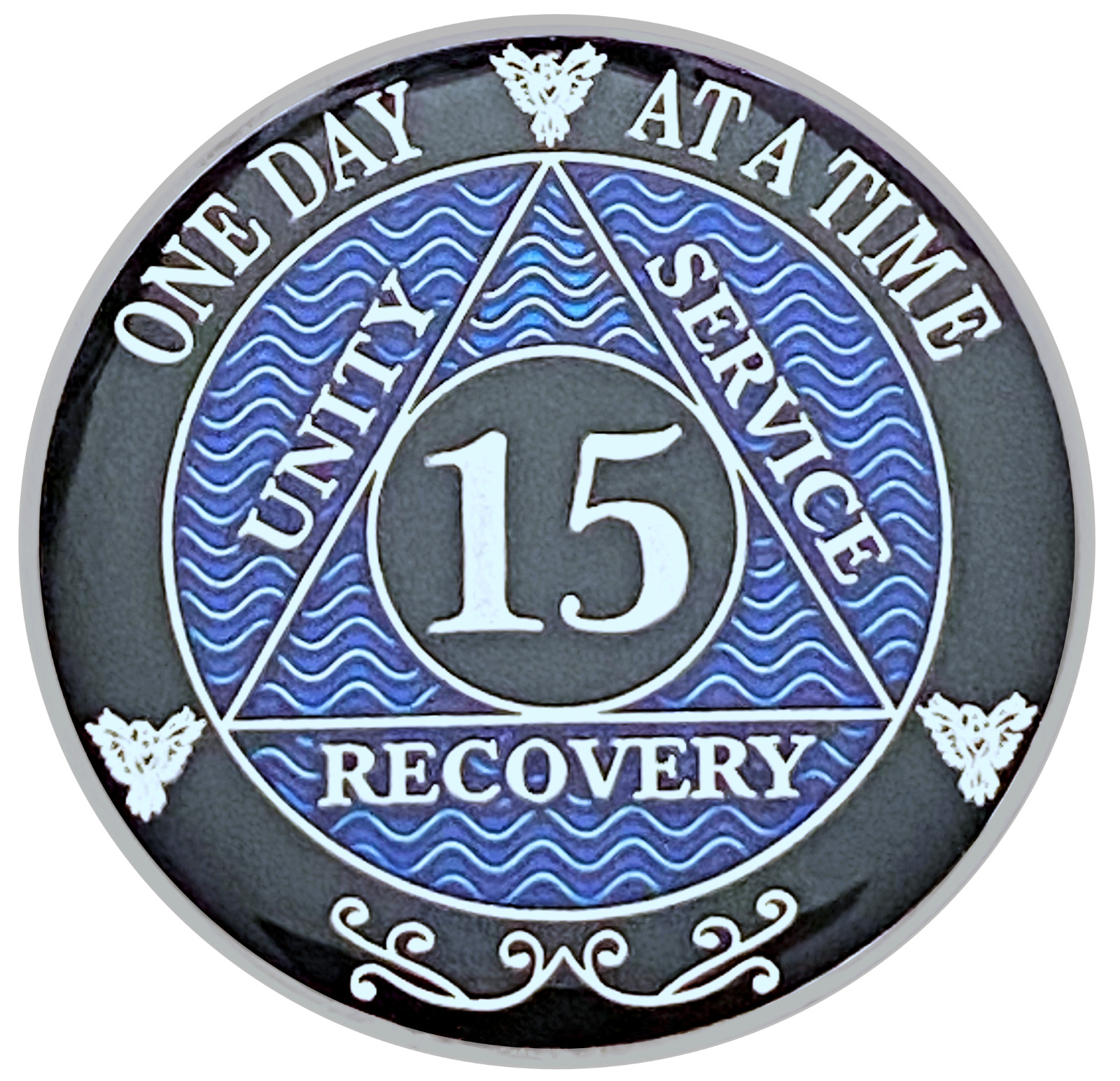 AA 15 Year Coin Blue, Silver Color Plated Medallion, Alcoholics Anonymous Coin