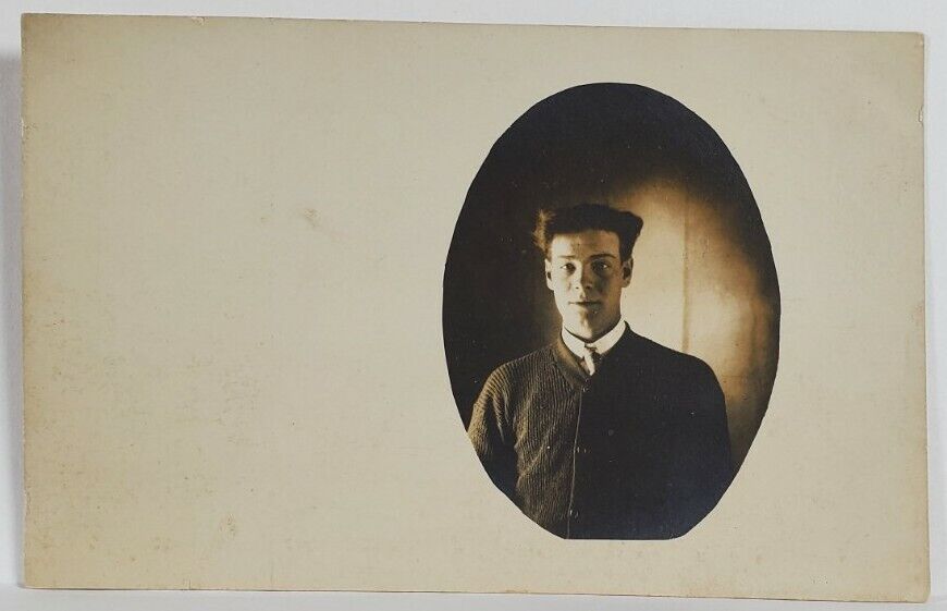 RPPC Handsome Man Cool Hair Button Up Sweater c1900s Real Photo Postcard R1