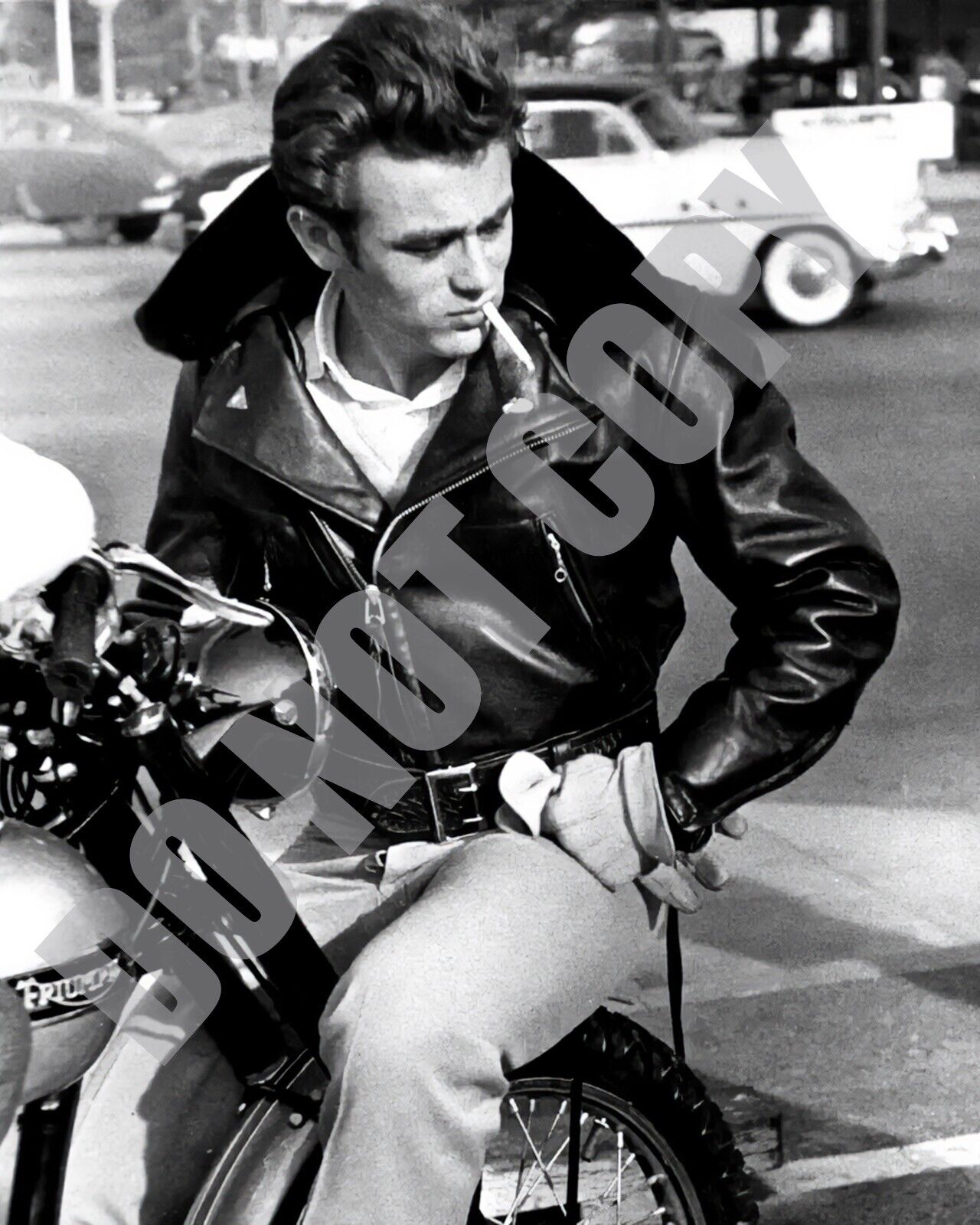 1955 James Dean Riding Triumph TR5 Trophy Motorcycle 8x10 Photo