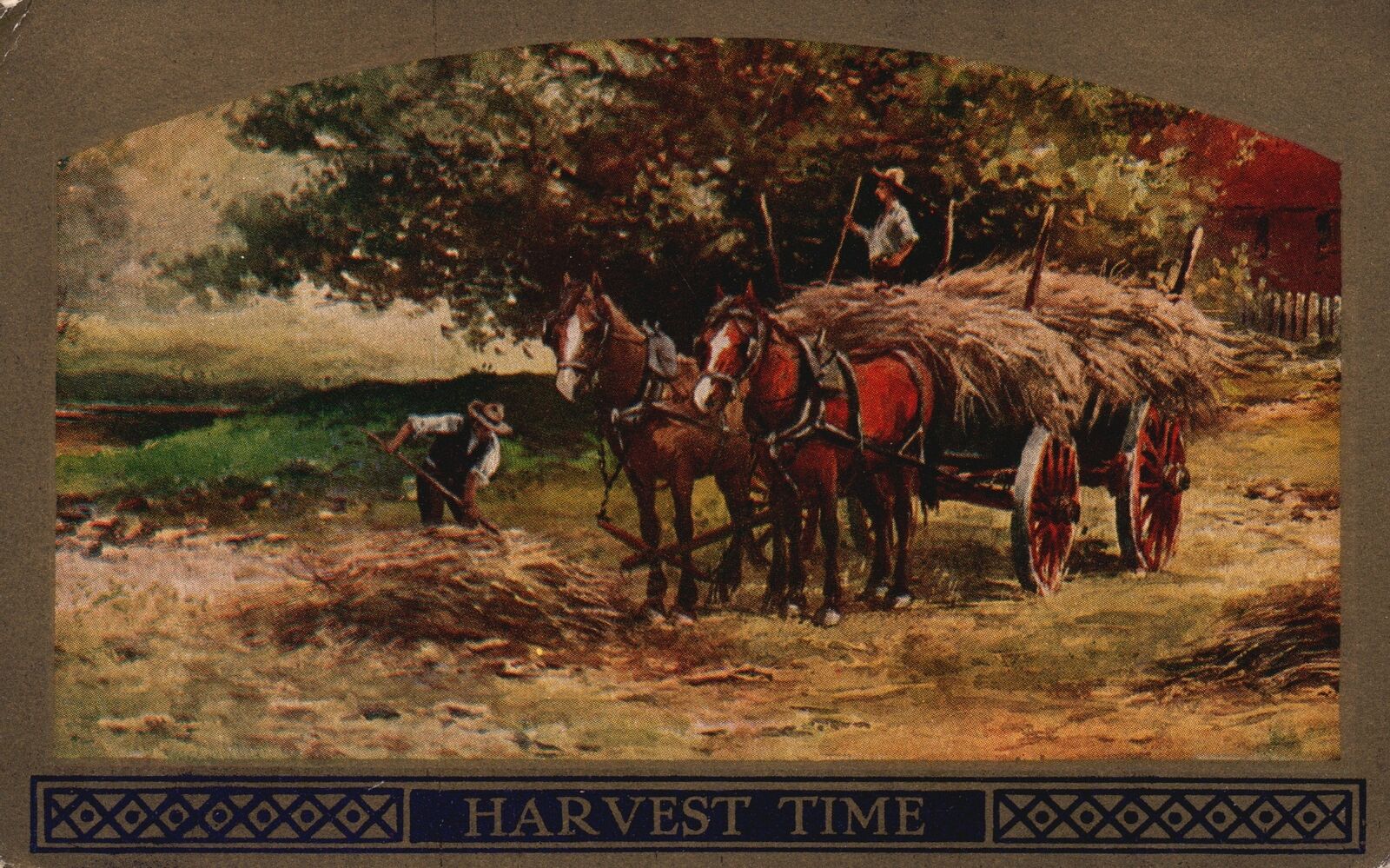Vintage Postcard 1910\'s Harvest Time Farming Hay Carried By Horses