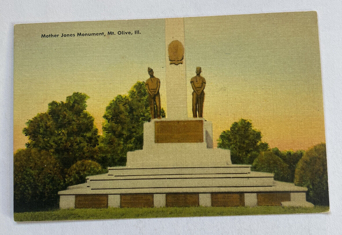 Vintage Linen Postcard ~ View of Mother Jones Monument ~ Mt. Olive Illinois IL