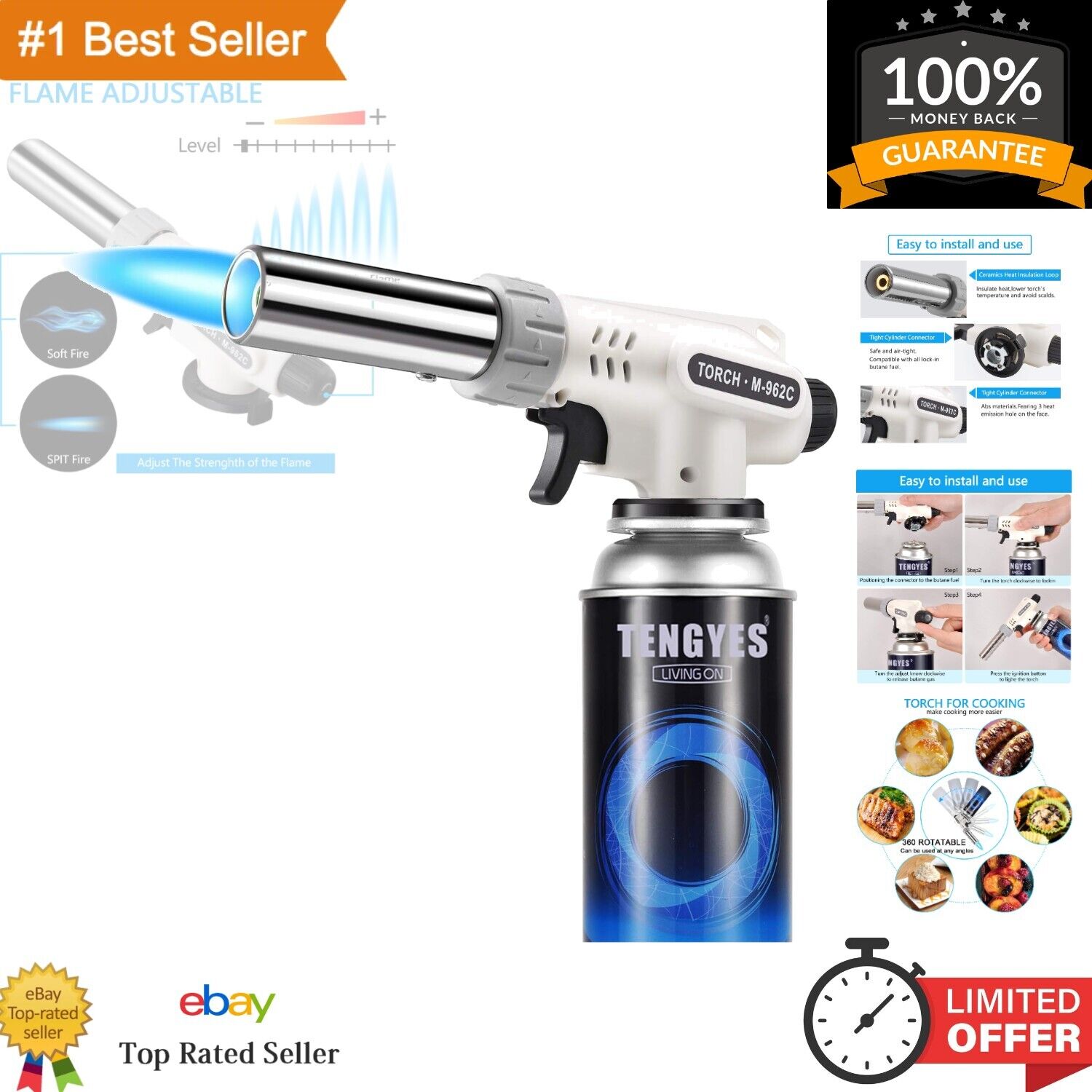 Kitchen Butane Blow Torch - Adjustable Flame for Cooking, Baking, Jewelry Making