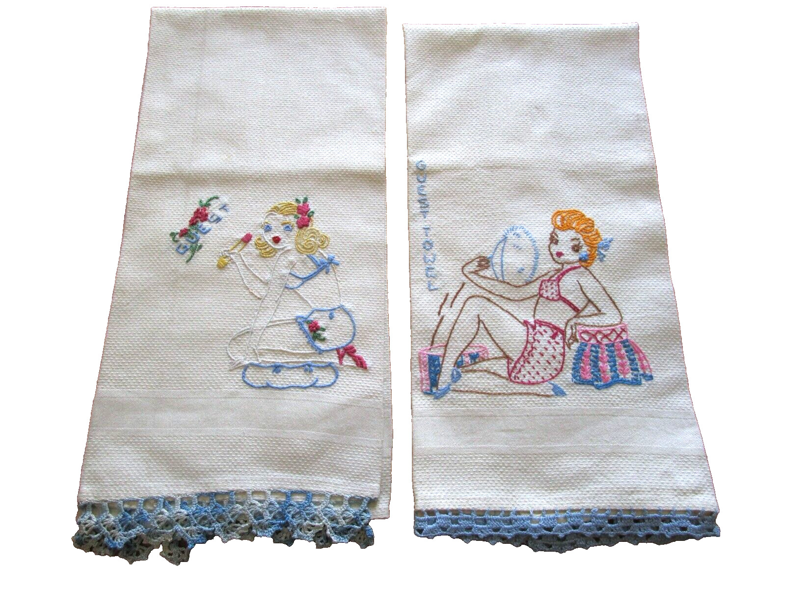VINTAGE EMBROIDERED HUCK TOWELS GIRLS BATHING SUITS BLUE CROCHET EDGE