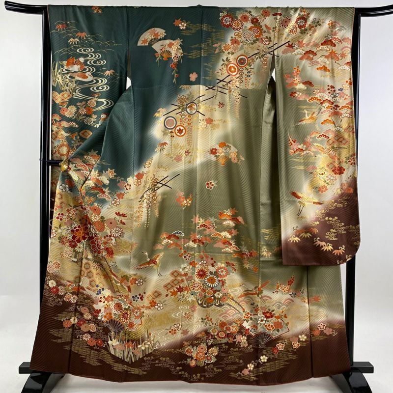 63.8inc Japanese Kimono SILK FURISODE Flower carriage Crane Deep green