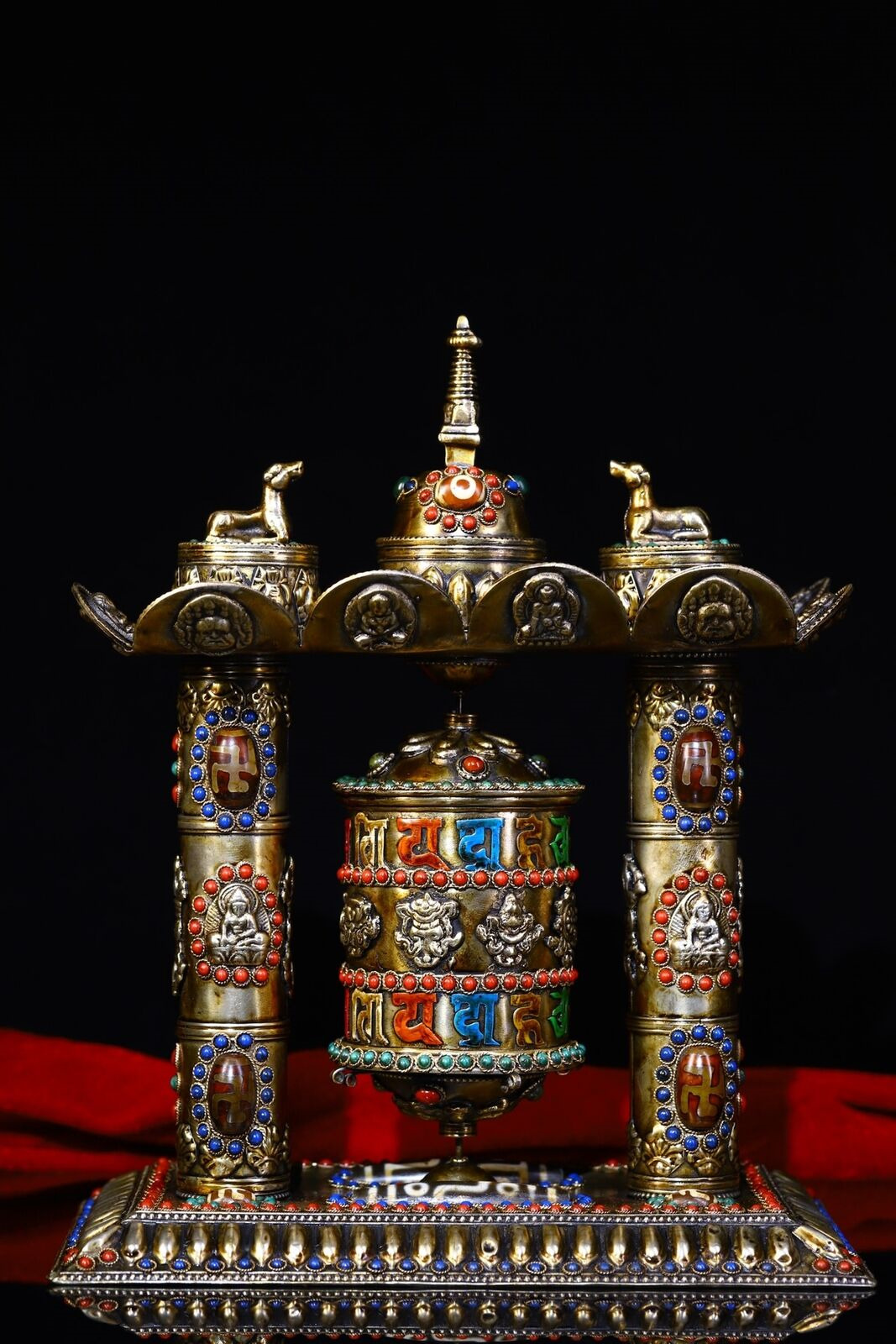 Chinese Tibetan Buddhism hand inlaid gemstones Tibetan silver Dzi Prayer wheel 