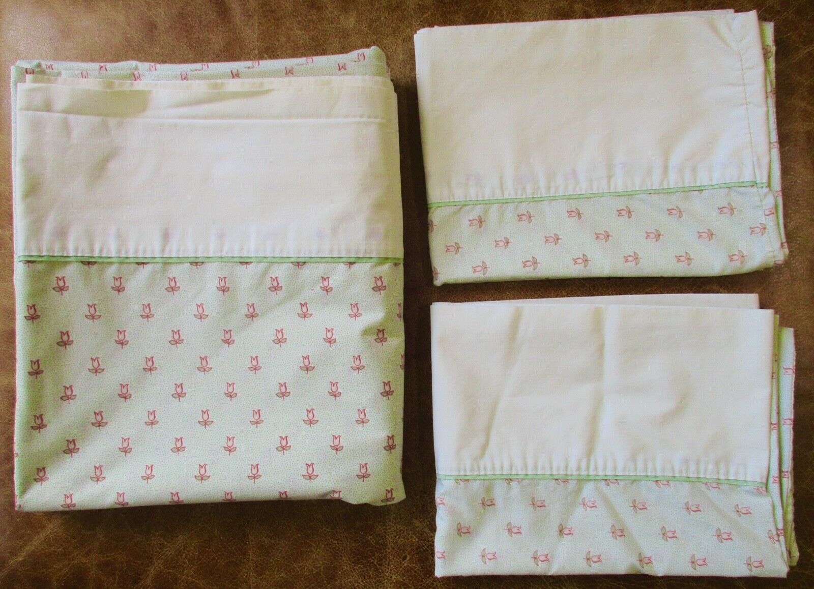 VTG~Laura Ashley QUEEN Flat Sheet & 2 Pillowcases 3Pc Set~Green Dot /Pink Tulips