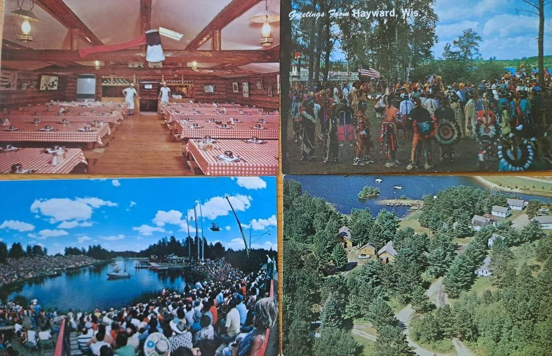 Lot of 4   HAYWARD, WISCONSIN    Old Postcards   Indian Pow Wow  Lumberjack Bowl