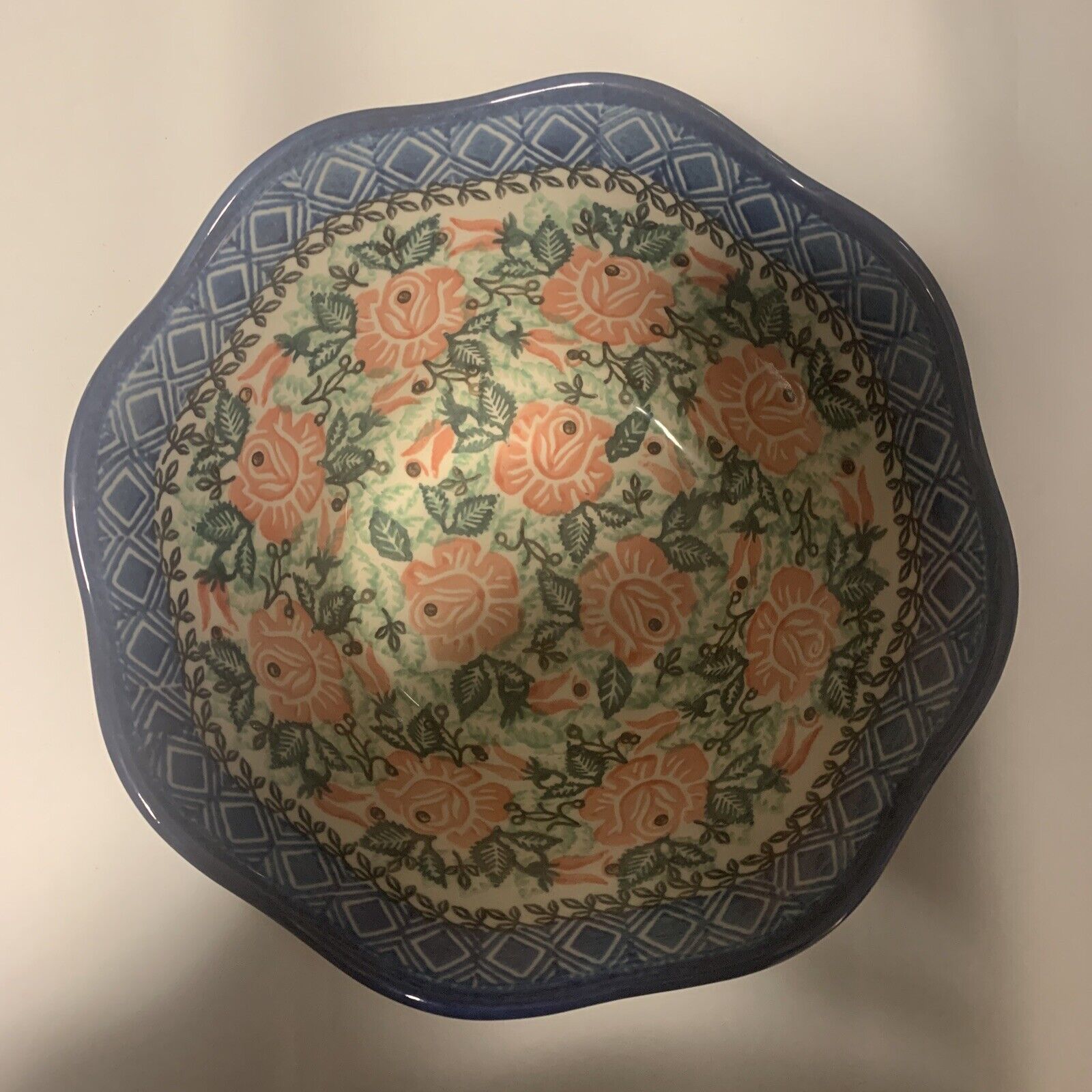 UNIKAT Polish Pottery Cobalt Blue Floral Rose Pattern Serving Bowl 8” D X 3.5” H