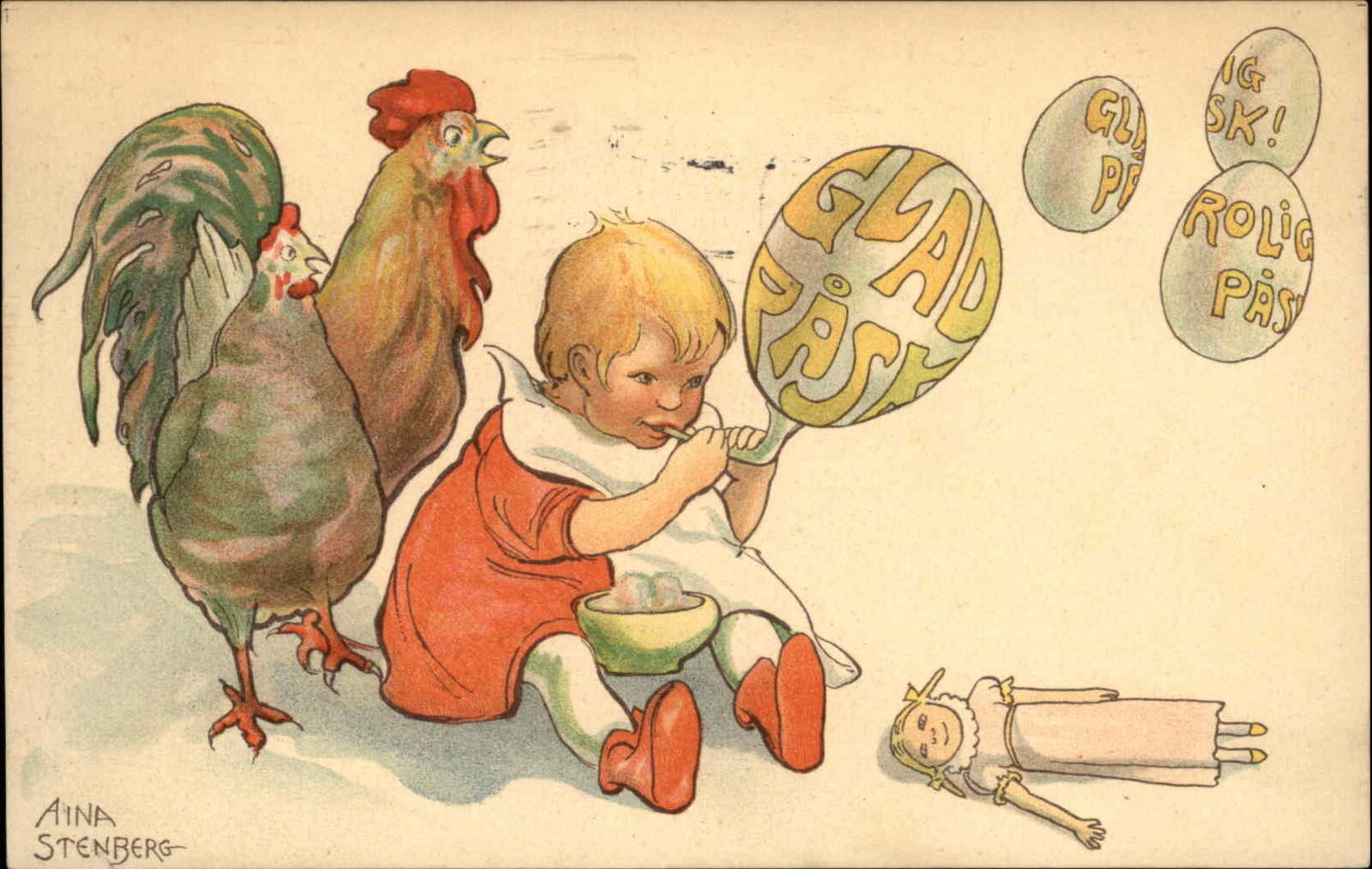 Swedish Easter Boy Blowing Glad Pask Bubbles Aina Stenberg c1910 Postcard