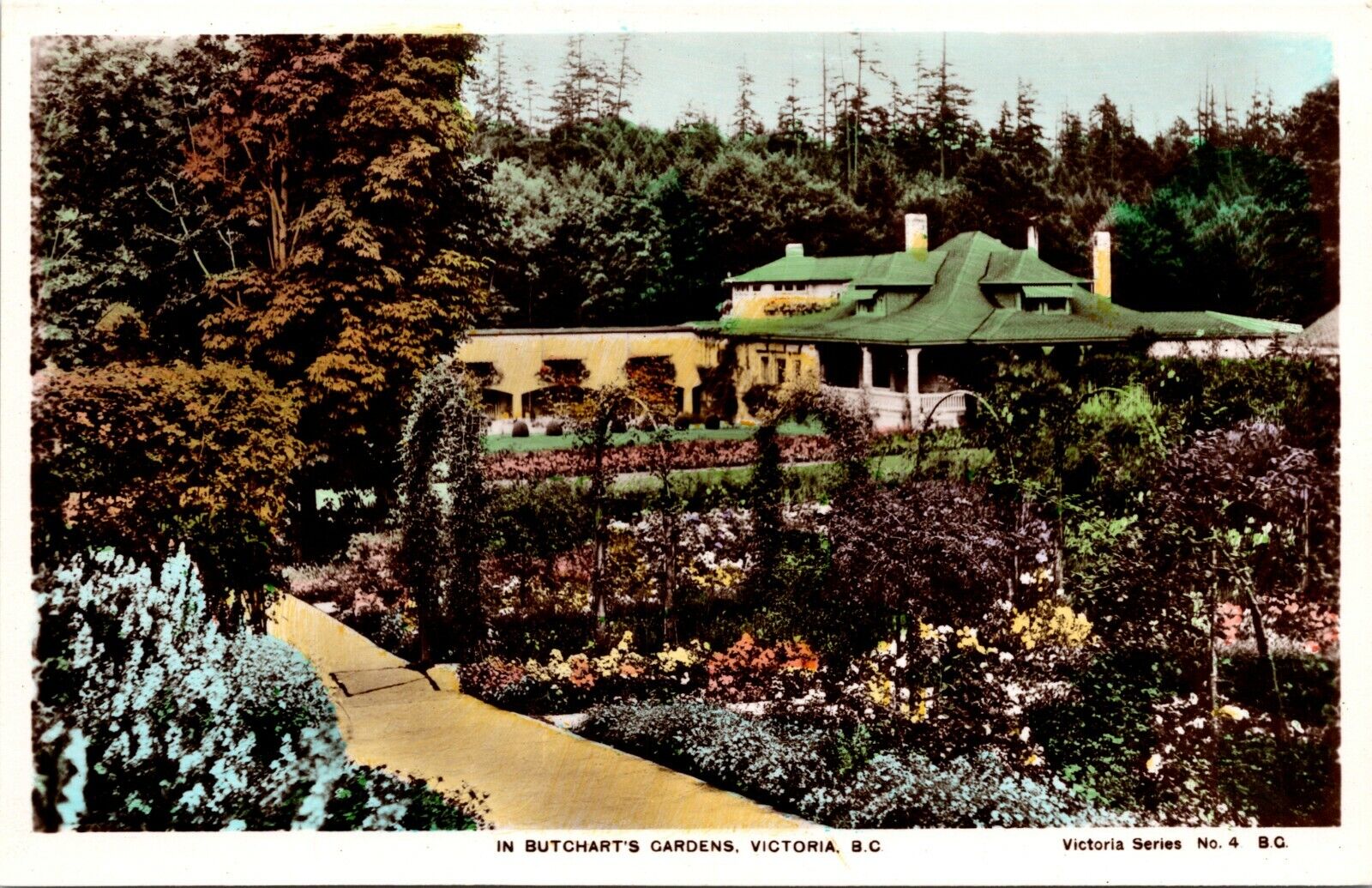 In Butchart\'s Gardens Victoria BC Canada Hand Color Vintage Real Photo Postcard