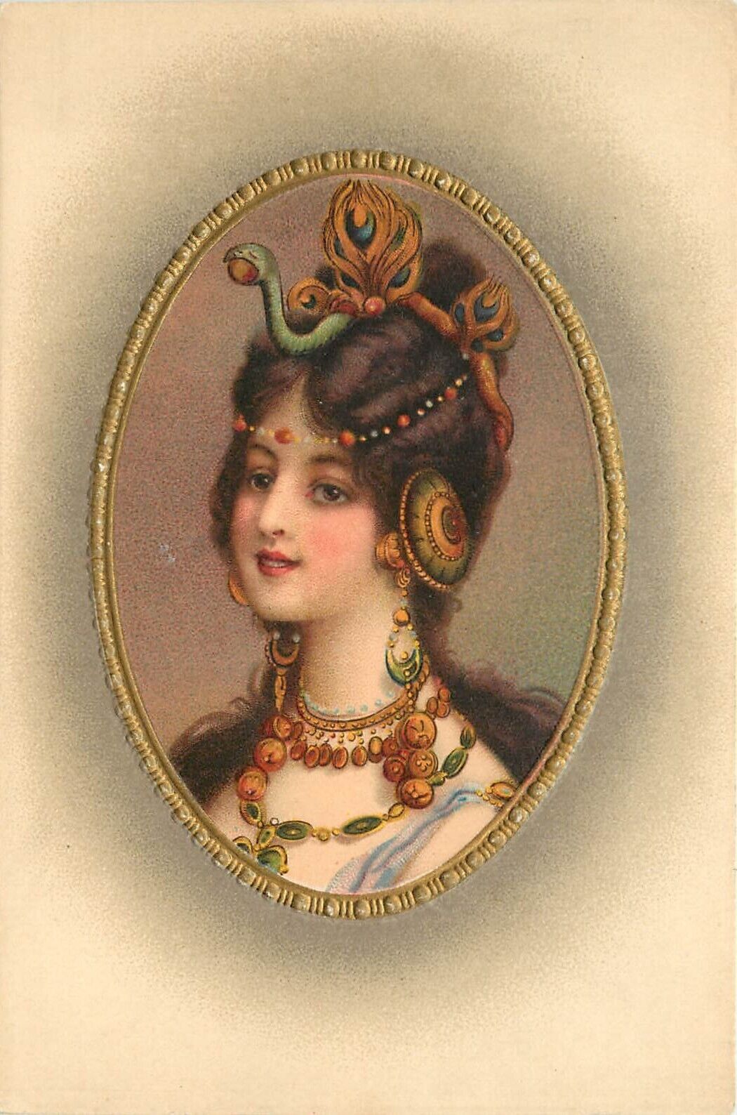 Meissner & Buch Postcard, Exotic Girl in Jewels & Snake Crown, Embossed Vignette