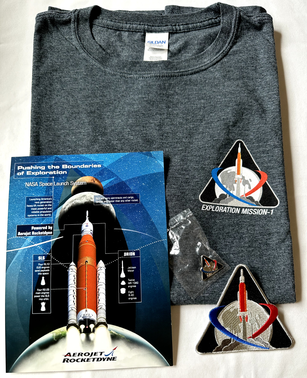 Authentic NASA SLS Exploration Mission-1 Patch, Pin, and T-Shirt (size Large)