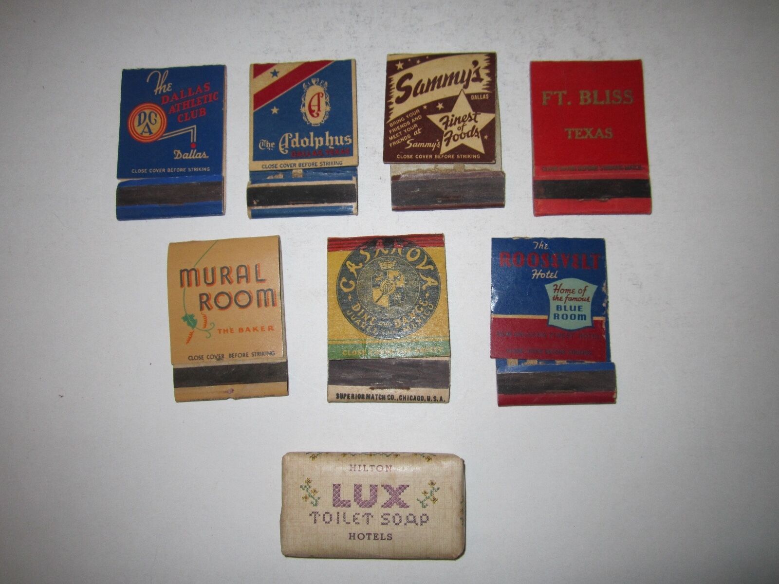(7) 1940'S MATCHBOOK COVERS - DALLAS ATHLETIC CLUB & MORE & HILTON SOAP-TUB ABCD