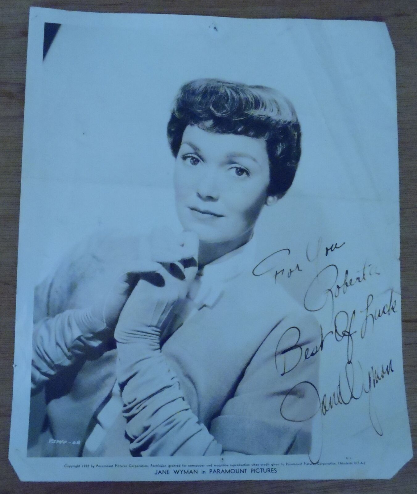 JANE WYMAN 1952 Paramount Pictures Silver-Gelatin B & W Print SIGNED