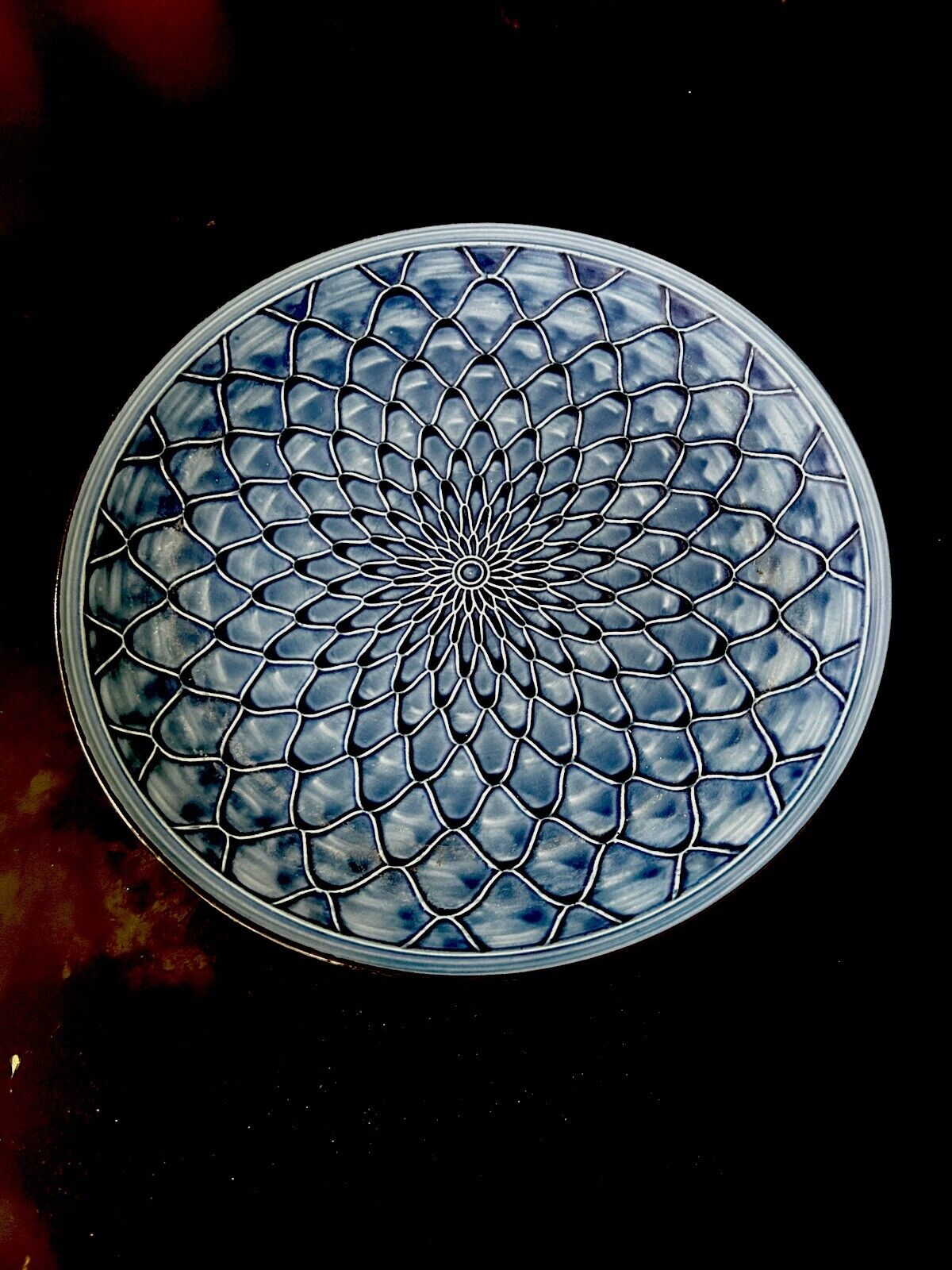 Vintage Japanese White And Blue Fish Scale Signed Plate, 9.5”diameter By 1” High