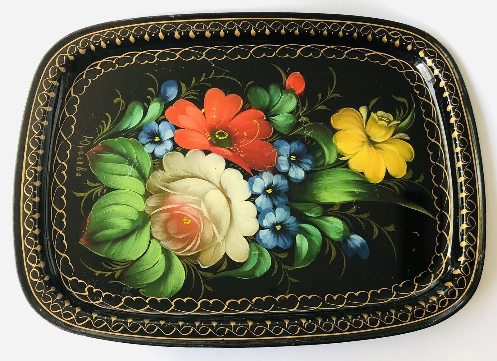 Vintage Zhostovo Signed & Stamped 12.5”x 9.5”  Russian Hand-painted Floral Tray