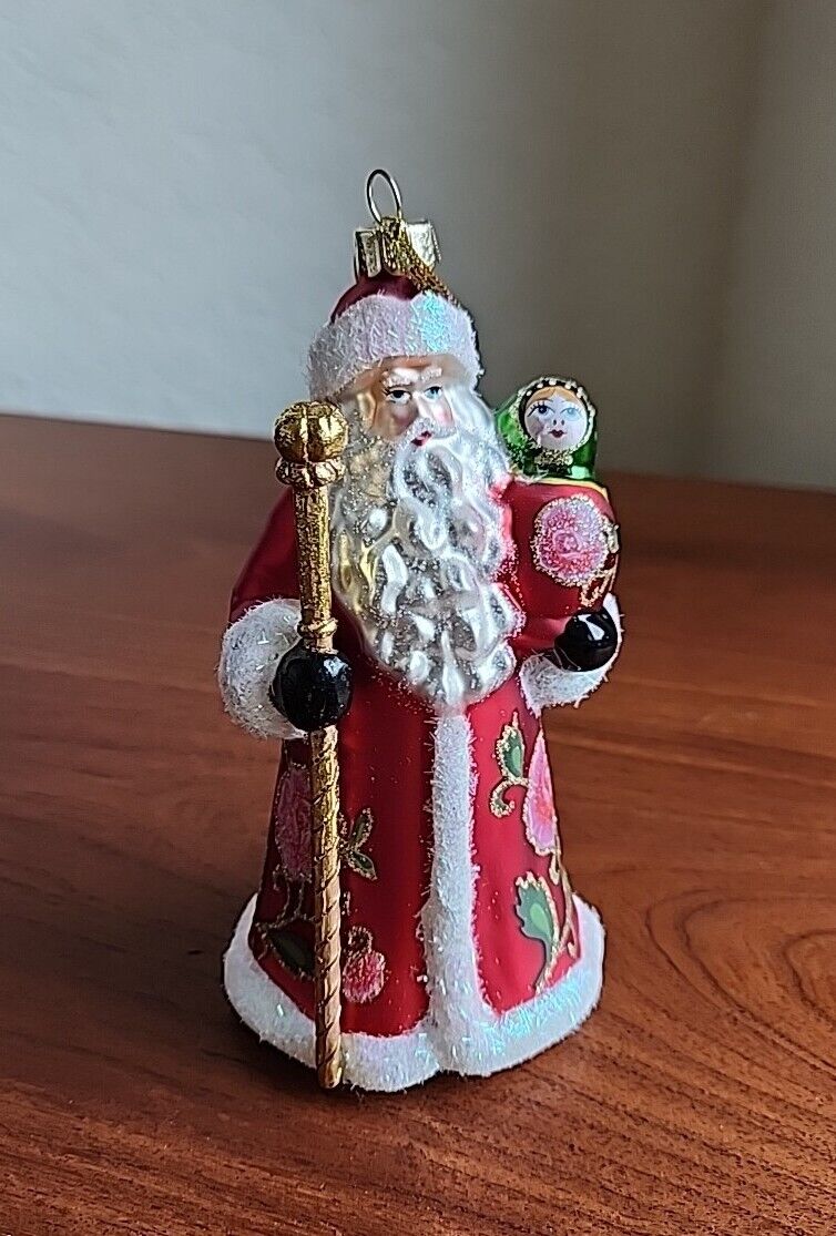 Blown Glass Old World Christmas Ornament Russian Santa with Nesting Doll